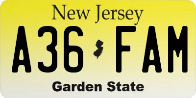 NJ license plate A36FAM