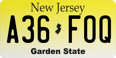 NJ license plate A36FOQ