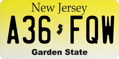 NJ license plate A36FQW