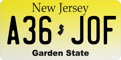 NJ license plate A36JOF