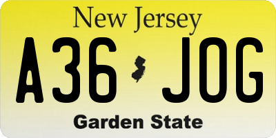 NJ license plate A36JOG