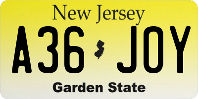 NJ license plate A36JOY