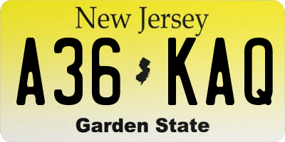 NJ license plate A36KAQ