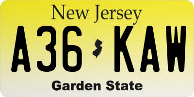 NJ license plate A36KAW