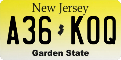 NJ license plate A36KOQ