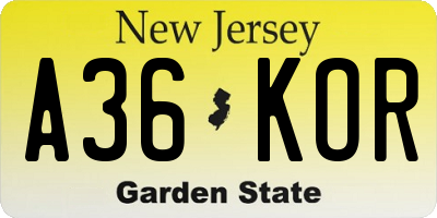 NJ license plate A36KOR