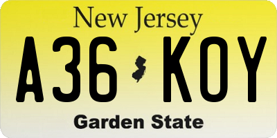 NJ license plate A36KOY