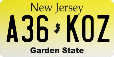 NJ license plate A36KOZ
