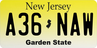 NJ license plate A36NAW