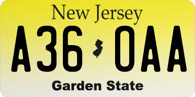 NJ license plate A36OAA