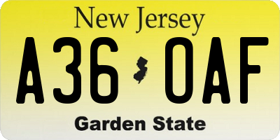 NJ license plate A36OAF