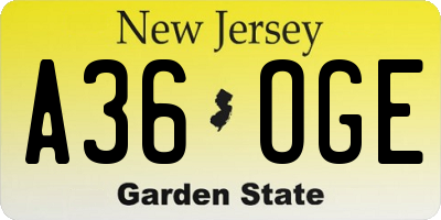 NJ license plate A36OGE