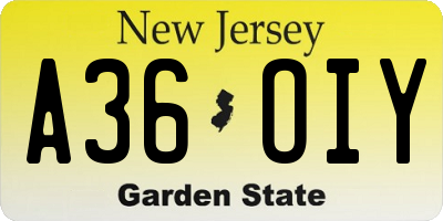 NJ license plate A36OIY