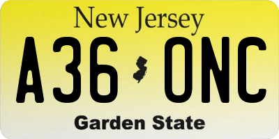 NJ license plate A36ONC