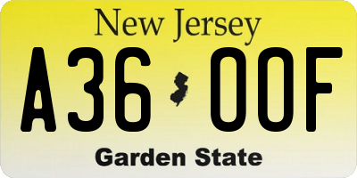 NJ license plate A36OOF