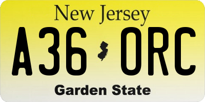 NJ license plate A36ORC