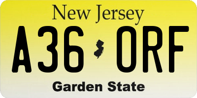 NJ license plate A36ORF