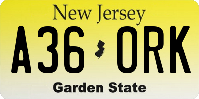 NJ license plate A36ORK