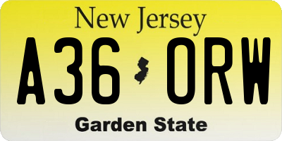 NJ license plate A36ORW