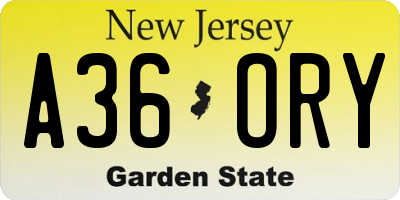 NJ license plate A36ORY