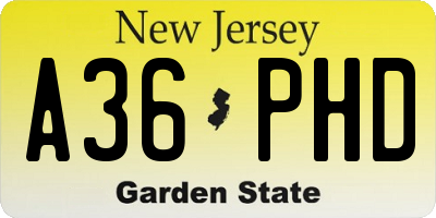 NJ license plate A36PHD