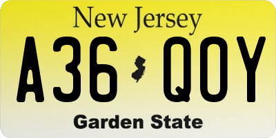 NJ license plate A36QOY