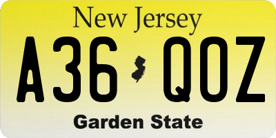 NJ license plate A36QOZ