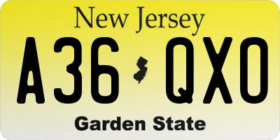 NJ license plate A36QXO