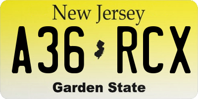 NJ license plate A36RCX