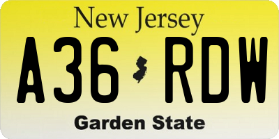 NJ license plate A36RDW