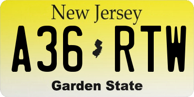 NJ license plate A36RTW