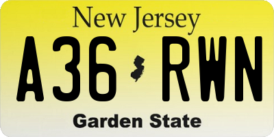 NJ license plate A36RWN