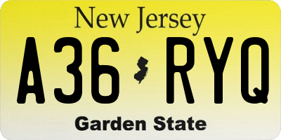 NJ license plate A36RYQ