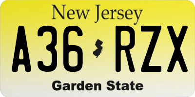 NJ license plate A36RZX