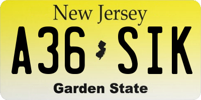 NJ license plate A36SIK
