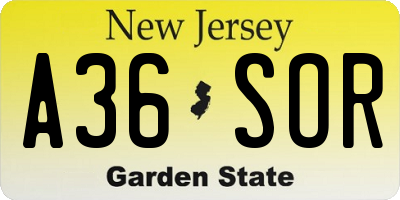 NJ license plate A36SOR