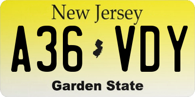 NJ license plate A36VDY