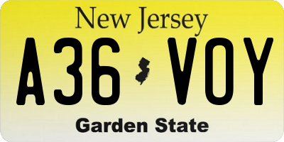 NJ license plate A36VOY