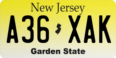 NJ license plate A36XAK