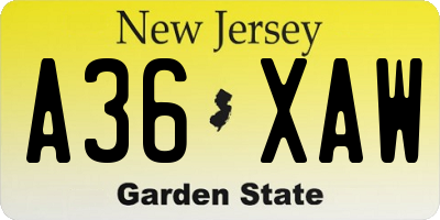 NJ license plate A36XAW