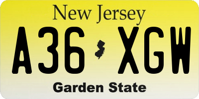 NJ license plate A36XGW