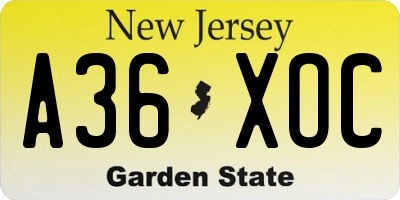NJ license plate A36XOC