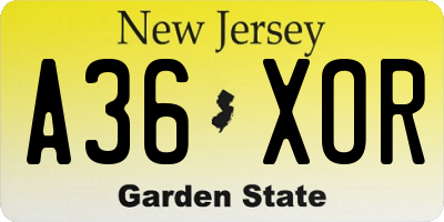 NJ license plate A36XOR