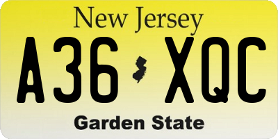 NJ license plate A36XQC