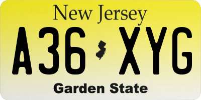 NJ license plate A36XYG