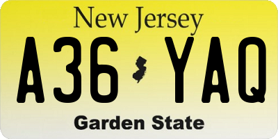 NJ license plate A36YAQ