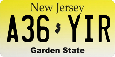 NJ license plate A36YIR