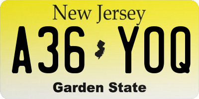 NJ license plate A36YOQ