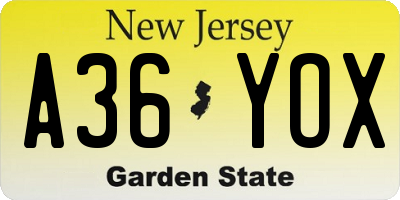 NJ license plate A36YOX