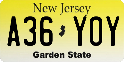 NJ license plate A36YOY
